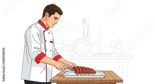 Illustration of a professional chef in uniform slicing juicy ribs on a wooden table ready to serve