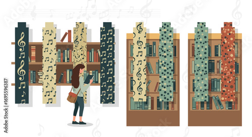 Illustration of a woman reading in a library with musical notes themed bookshelves design