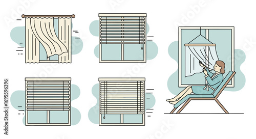Illustration of different window treatments with woman enjoying leisure time at home