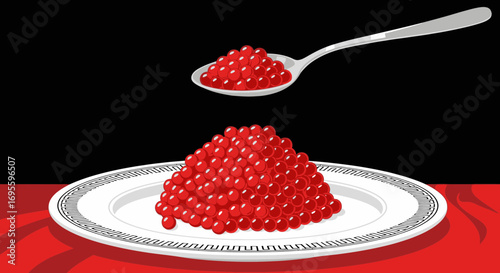Luxurious red caviar arrangement on a plate with a spoon against a contrasting background
