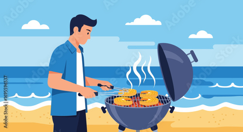 Man grilling fish on the beach, enjoying a summer barbecue near the ocean with a clear sky and