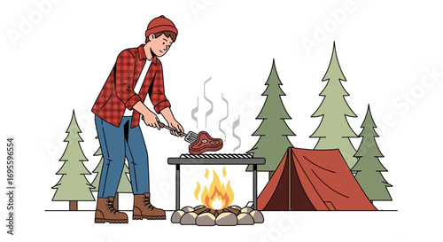 Man enjoys outdoor camping experience while grilling steak with campfire surrounded by nature and