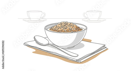 Minimalist oatmeal bowl with spoon on a napkin, complemented by faint teacup sketches