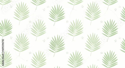 Seamless tropical pattern design with light green palm leaves and delicate floral accents creates
