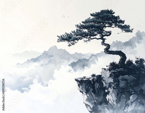 Traditional sumi-e ink painting of lone pine trees on mountain cliffs above clouds, minimalist Asian watercolor landscape