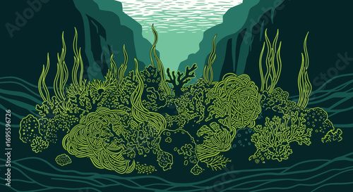 Serene underwater world illustration showcasing vibrant coral reefs and aquatic plants