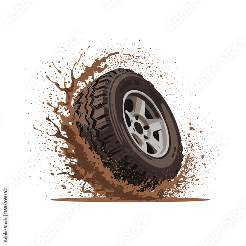 Off road tire spinning through mud with powerful momentum and energy for extreme adventure concepts