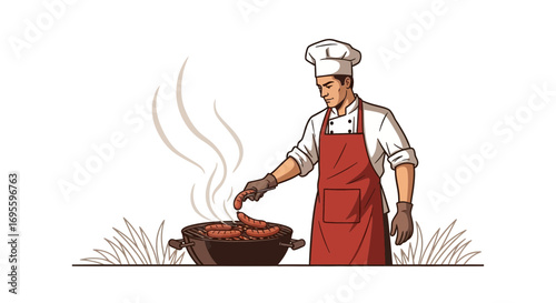 Skilled chef expertly grilling sausages on a barbecue grill outdoors creating savory smoke aroma