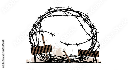Stylized barbed wire fence and broken road barrier symbolizing restriction concept