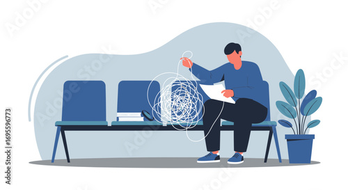 Stressed man sitting on a bench with tangled string representing complex problems