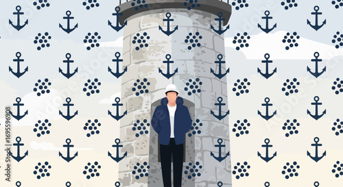 Vector art of a lighthouse keeper standing in the doorway of a stone lighthouse with anchor