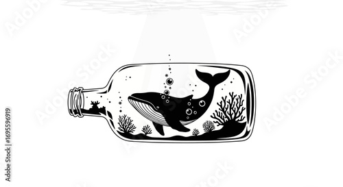 Whale in a bottle: Capturing marine life within glass, black and white concept art