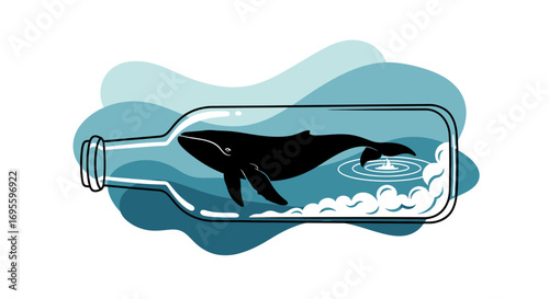 Whale in a bottle concept representing conservation or environmental awareness message illustration