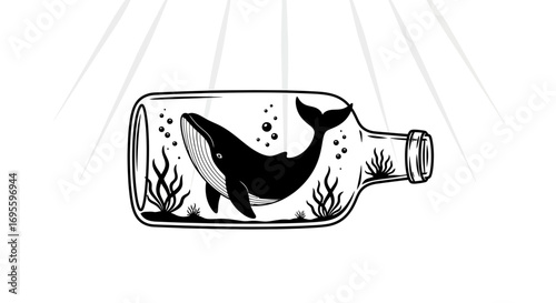 Whale trapped inside glass bottle, monochrome vector illustration for t-shirt prints