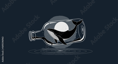 Whale trapped inside the vintage bottle with dark water and calm sea ocean background creating a