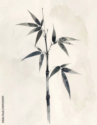 Traditional sumi-e ink painting of bamboo stalks and leaves, minimalist Asian watercolor brush art on white background