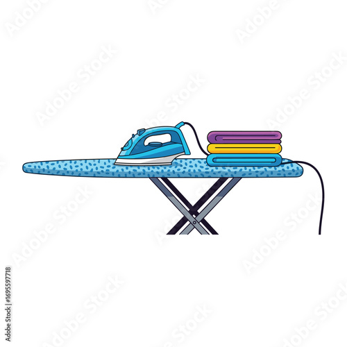 Time to iron fresh laundry with modern iron and colorful towels on ironing board at home today