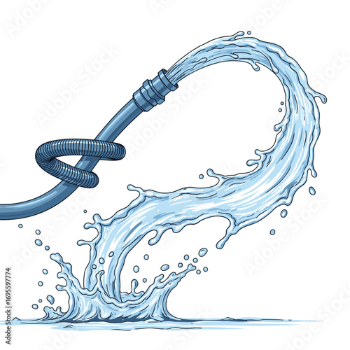 Fresh stream of water spraying from a garden hose creating a dynamic splash on a white background