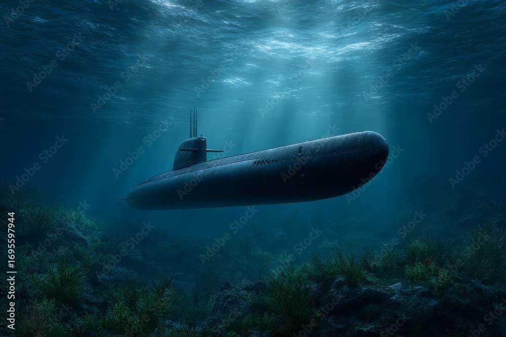 Fototapeta premium Submarine underwater in deep blue ocean with sunlight rays shining through the surface, stealth naval vessel, marine exploration scene 