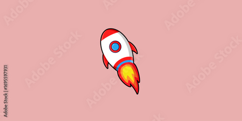 Cartoon rocket icon with fire flame, Flat style rocket vector illustration