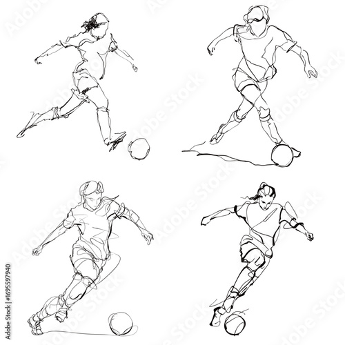 Four line art representations showcase soccer players in motion, capturing their athleticism while dribbling a ball. The artwork reflects the sports speed and excitement.