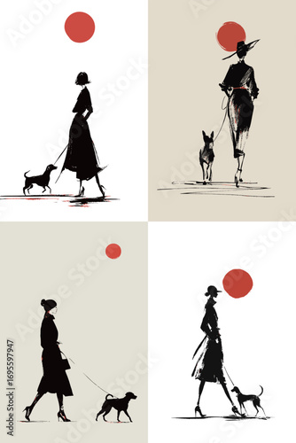 Four elegant women stroll with their dogs under a setting sun, showcased in a minimalist style with contrasting colors that highlight their fashion.