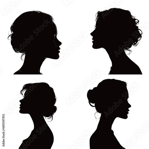 Four elegant silhouettes of womens profiles are presented in a grid format, showcasing various hairstyles and facial contours against a clean white backdrop.