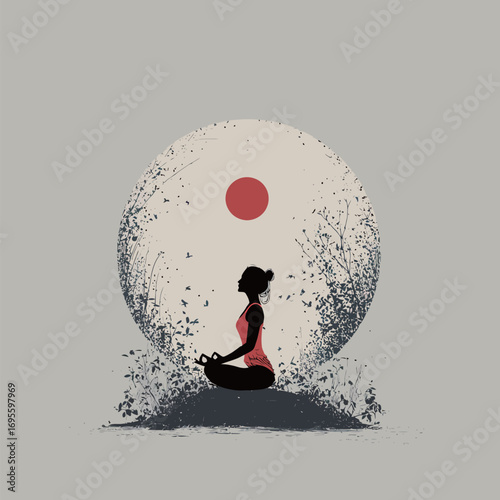 A person sits calmly in a meditative pose against a large circular backdrop representing the sun. The peaceful atmosphere captures a moment of tranquility and reflection.