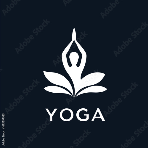A minimalist design showcasing a woman in a yoga pose with hands raised, surrounded by lotus petals, symbolizing tranquility and meditation.