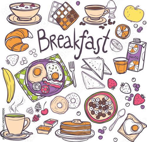 Hand-drawn Breakfast Food Illustration: Colorful, Cheerful, and Delicious Menu Design