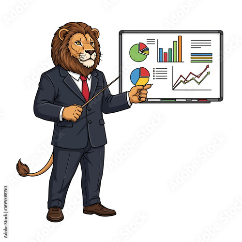 Cartoon lion in a suit presenting a business chart with a pointer.