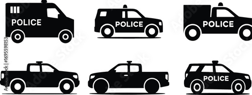 Collection of six black silhouette police vehicle designs for law enforcement graphics silhouette