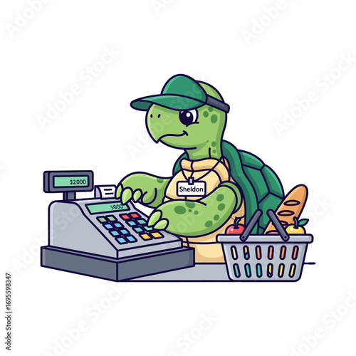A cartoon turtle cashier working at a grocery store checkout, with a basket of groceries.