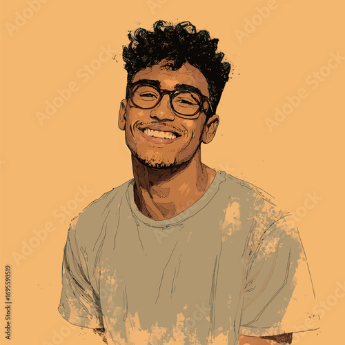 A young man in a light-colored t-shirt displays a cheerful smile while wearing glasses. His curly hair adds character to the warm atmosphere of the setting.