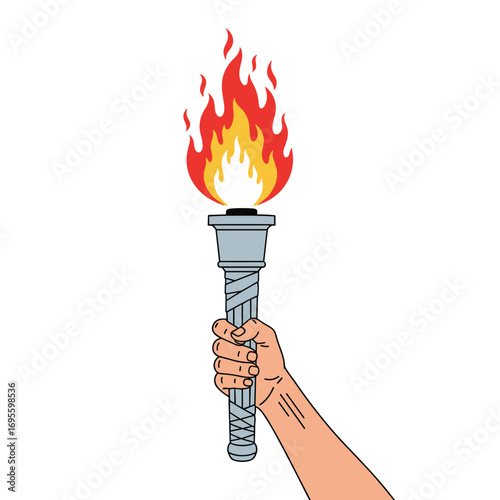 Hand holding a flaming torch high, an icon of freedom, hope, and the Olympic games spirit