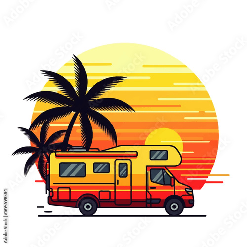 Camping Adventure RV and Palm Trees at Sunset - Travel and Outdoor Recreation