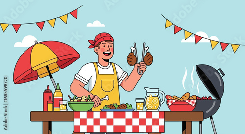 Cartoon Illustration of a Man Grilling Food at a Summer Barbecue Party Outdoors