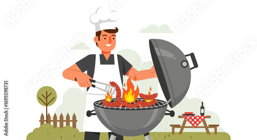 Cartoon illustration of a chef grilling sausages at a barbecue party outdoors cheerful scene