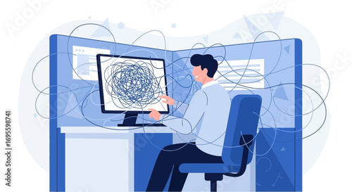 Cartoon man overwhelmed with work displayed on computer screen in office cubicle