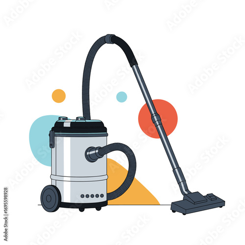Modern vacuum cleaner illustration on a clean white background with colorful geometric shapes adds pop