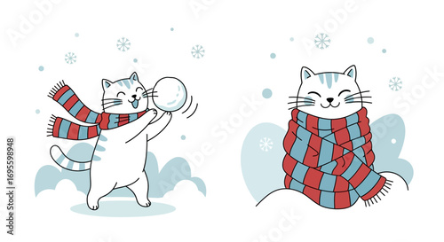 Cute winter cats playing in the snow wearing cozy scarves in a whimsical illustration