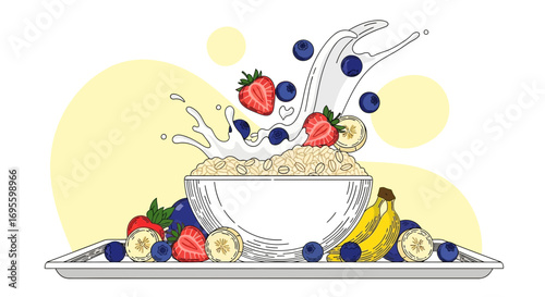Delicious and vibrant breakfast bowl with splashing milk and fresh fruits illustration
