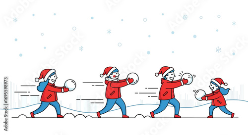 Delightful cartoon illustration capturing the joy of a snowball fight in winter during christmas