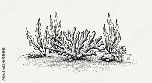 Detailed stipple drawing of coral reef with seaweed and rocks on a light background