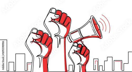 Digital illustration of raised fists and a megaphone symbolizing social justice and activism