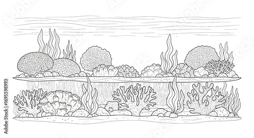 Detailed illustration of an underwater landscape with coral reefs and aquatic plants