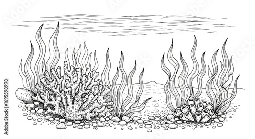 Detailed line art drawing of underwater scenery showcasing coral and seaweed forest