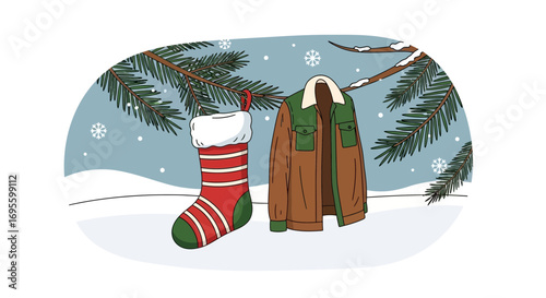 Festive christmas winter scene with stocking and jacket hanging on christmas tree