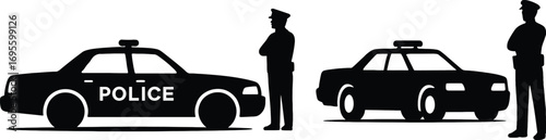 Police car and officer silhouettes set showing law enforcement vehicle and personnel silhouette