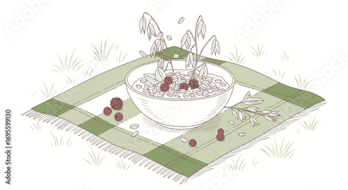Hand-drawn illustration of oatmeal porridge with berries on a picnic blanket in a field